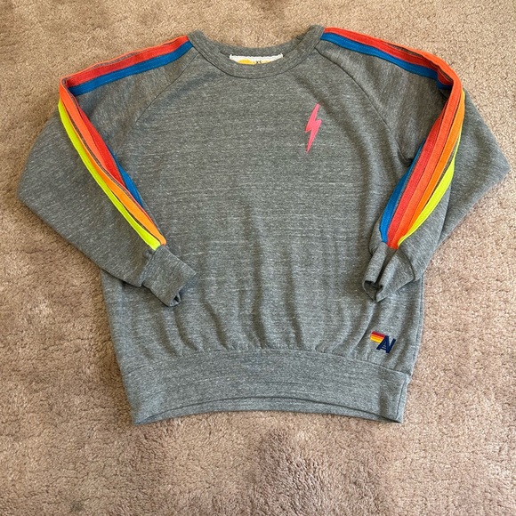 Aviator Nation Heather Gray Crewneck Sweatshirt with Neon Stripes